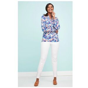 TALBOTS Ruffle Trim Popover Blouse Petite XL Leafy Garden Blue NEW Floral Casual